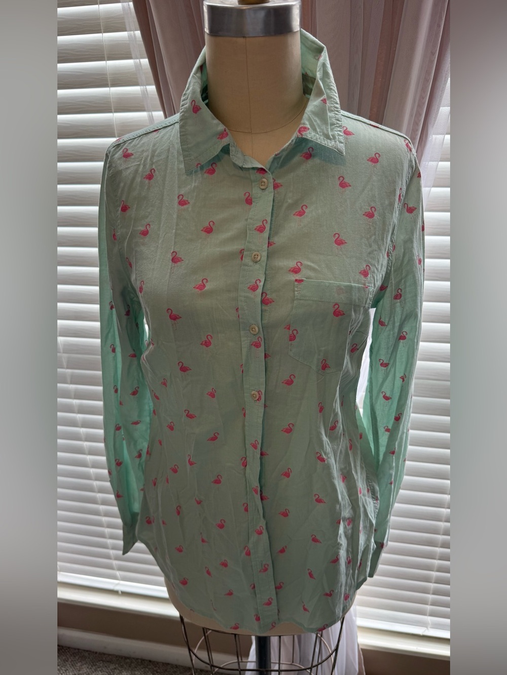 Merona Mint Green Button-Down Shirt with Pink Flamingo Print